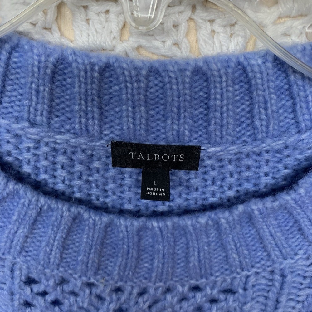 Talbots Balloon Sleeve Cable Knit Sweater Women Sz L Blue Wool Blend Crew Neck - Picture 4 of 11